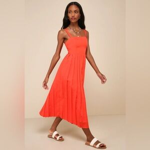 Lulus Amazingly Chic Red Orange Pleated Sleeveless Midi Dress Medium NWT